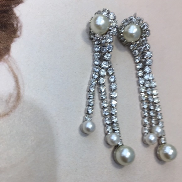 Vintage silver rhinstones pearl earrings bridal - Picture 4 of 5